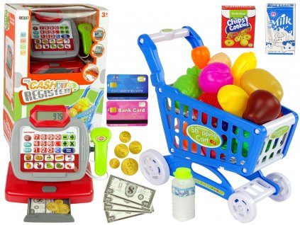 Dětská pokladna s modrým nákupním košíkem a potravinami1