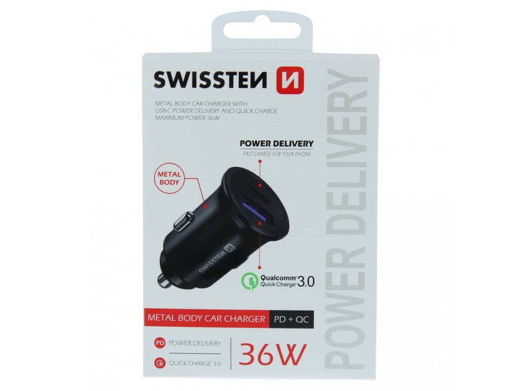 SWISSTEN CL Adaptér do auta Power Delivery USB-C + Quick Charge 3.0 36W metal černý
