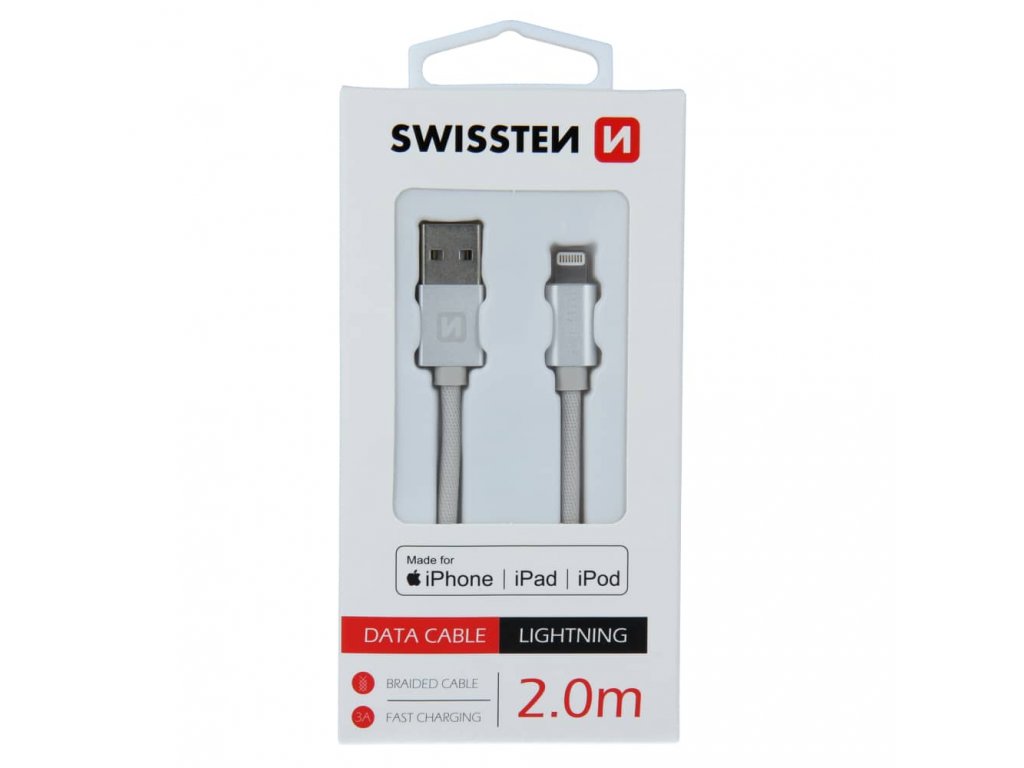 SWISSTEN Datový kabel textile USB / Lightning MFi 2 m stříbrný