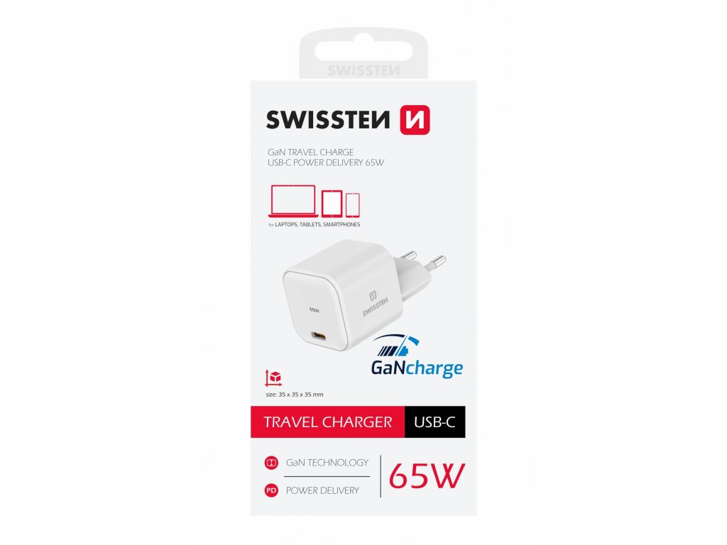 SWISSTEN Síťový adaptér GaN 1x USB-C 65W Power Delivery bílý