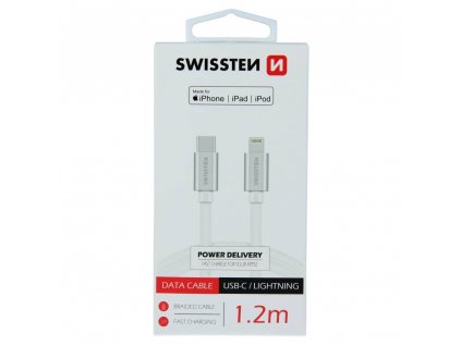 SWISSTEN Datový kabel textile USB-C / Lightning MFi 1,2 m stříbrný