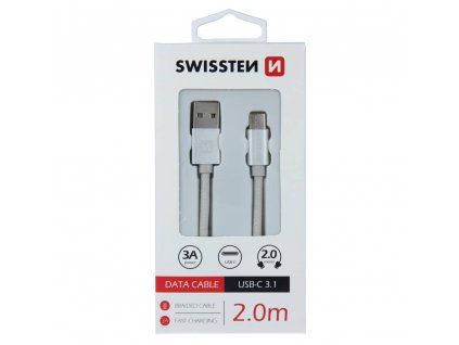 SWISSTEN Datový kabel textile USB / USB-C 2m stříbrný
