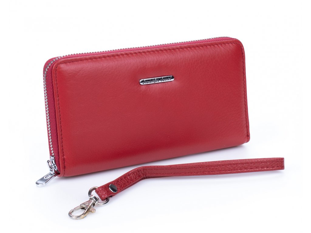 Velká dámská kožená peněženka na zip s poutkem na karabinu Jennifer Jones 5297 RD červená ModexaStyl (2)