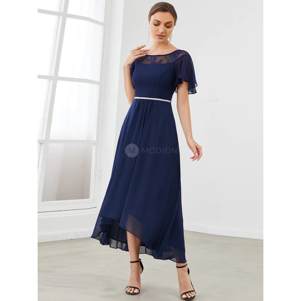 Tmavě modré asymetrické šaty s krátkým rukávem EP00465NV - Modion.czTmavě modré šaty na svatbu EP00465NV - Modion.cz