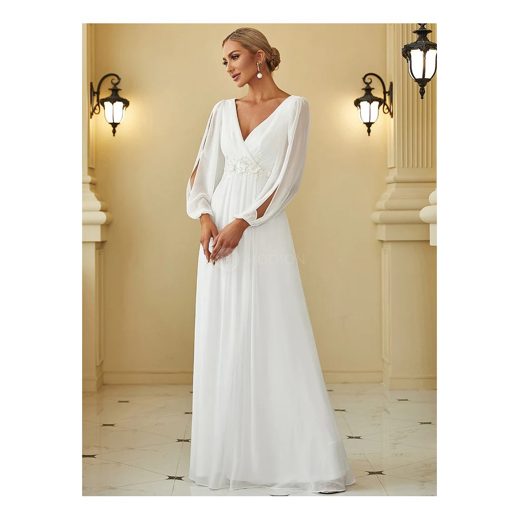Bílé dlouhé šaty s rukávy EP00461CR - Společenské šaty, plesové šaty a svatební šaty - Modion.cz