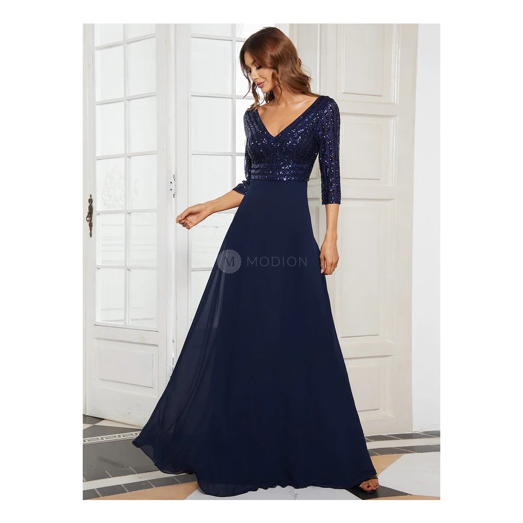 Modré společenské šaty se 7/8 rukávem EP00751NB -  Společenské šaty, plesové šaty a svatební šaty - Modion.cz