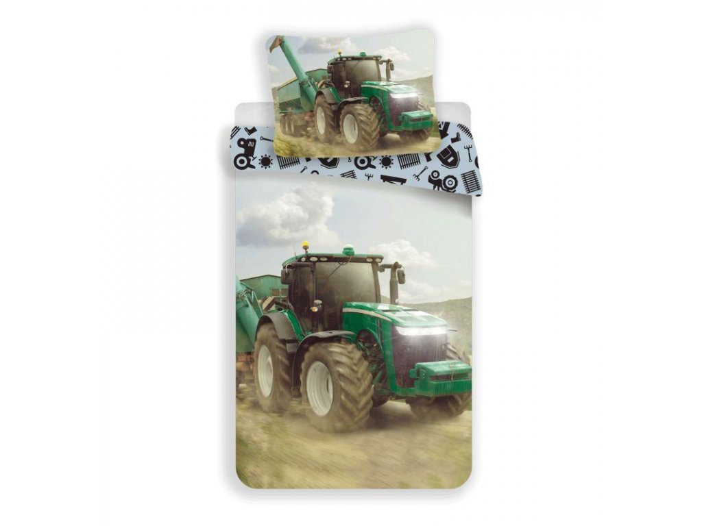 JERRY FABRICS Povlečení Traktor green Bavlna, 140/200, 70/90 cm