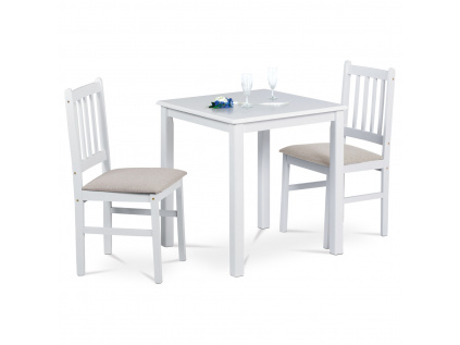 Jídelní set 1+2, stůl 69 x 69 x75 cm, masiv kaučukovník, bílý mat, šedé látkové sedáky - JAGUAR WT