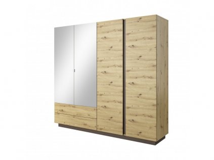 Šatní skříň Arco s klasickými dveřmi se zrcadlem na jedné straně se šuplíky - šířka 220 cm dub artisan + šedý grafit