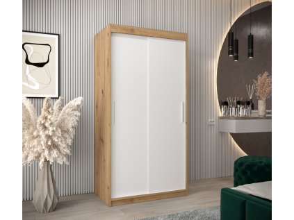 šatní skříň t0 s posuvnými dveřmi - šířka 100 cm dub artisan + bílá