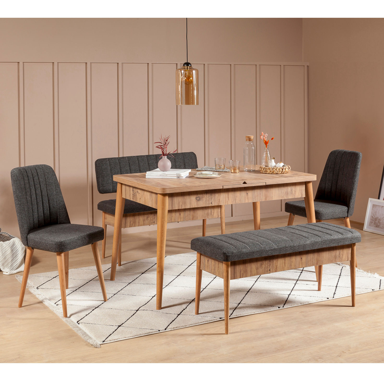 ASIR Jedálenský set stôl, stoličky VINA atlantická borovica, antracit