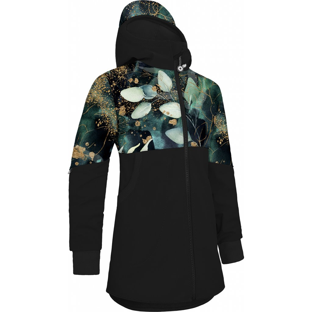Dívčí softshellový kabát UNUO Street s fleecem, Černá, Listy a větvičky