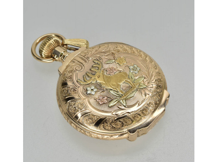 Unikátní plastické zlaté tříplášťové kapesní hodinky Waltham 1900-1910