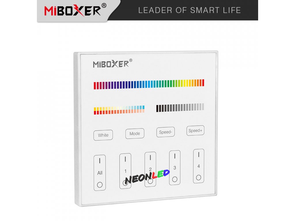 MiBoxet T4 - Panelový ovládač pre RGB+CCTW LED, 230VAC, RF 2,4GHz, 4 zóny