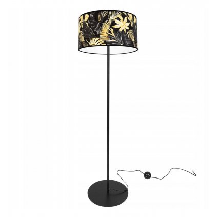 Podlahová lampa GOLD FLOWERS, 1x čierne textilné tienidlo s kvetinovým vzorom, (fi 35cm), O