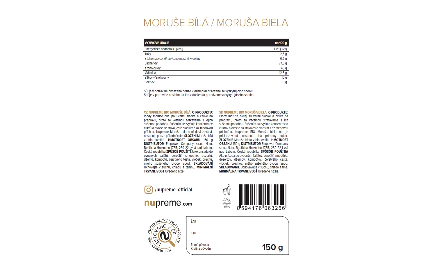 Moruše bílá 150g BIO NUPREME Obrázek