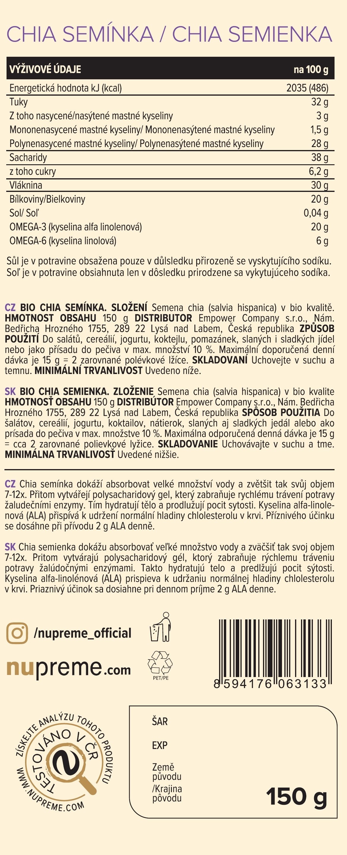 Chia semínka 150g BIO NUPREME Obrázek