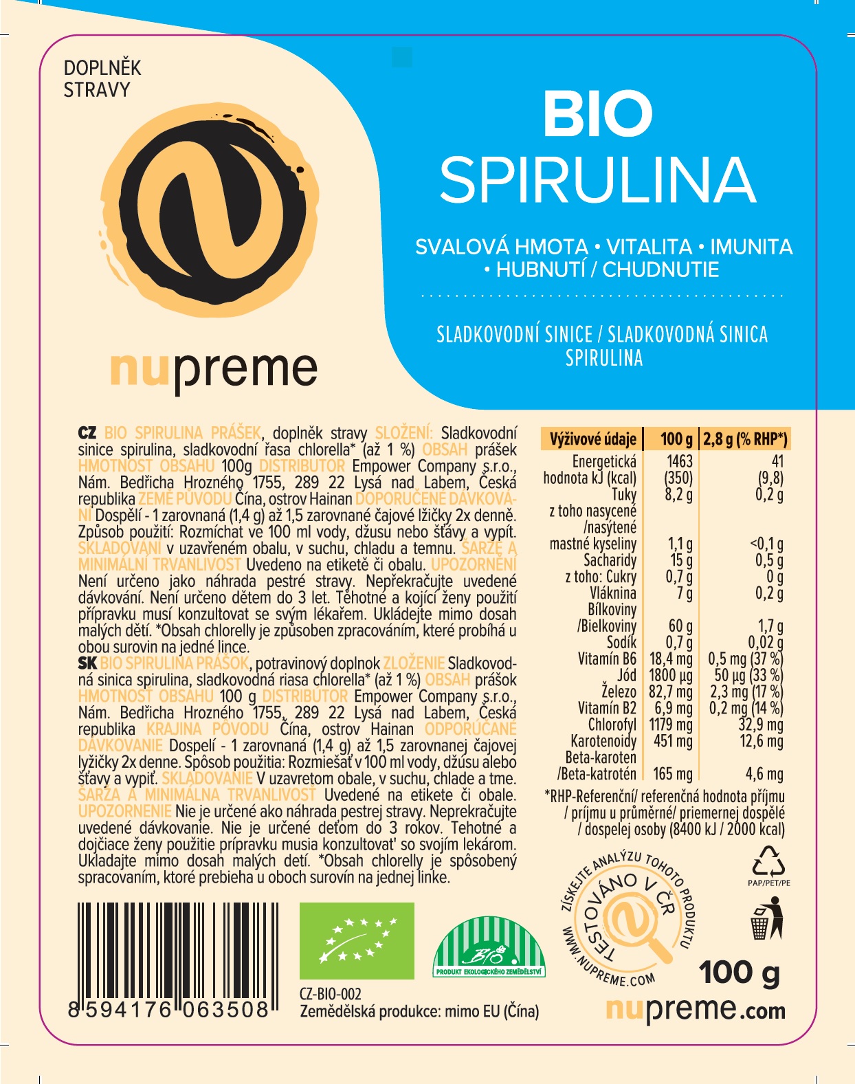 Spirulina prášek 100g BIO NUPREME Obrázek