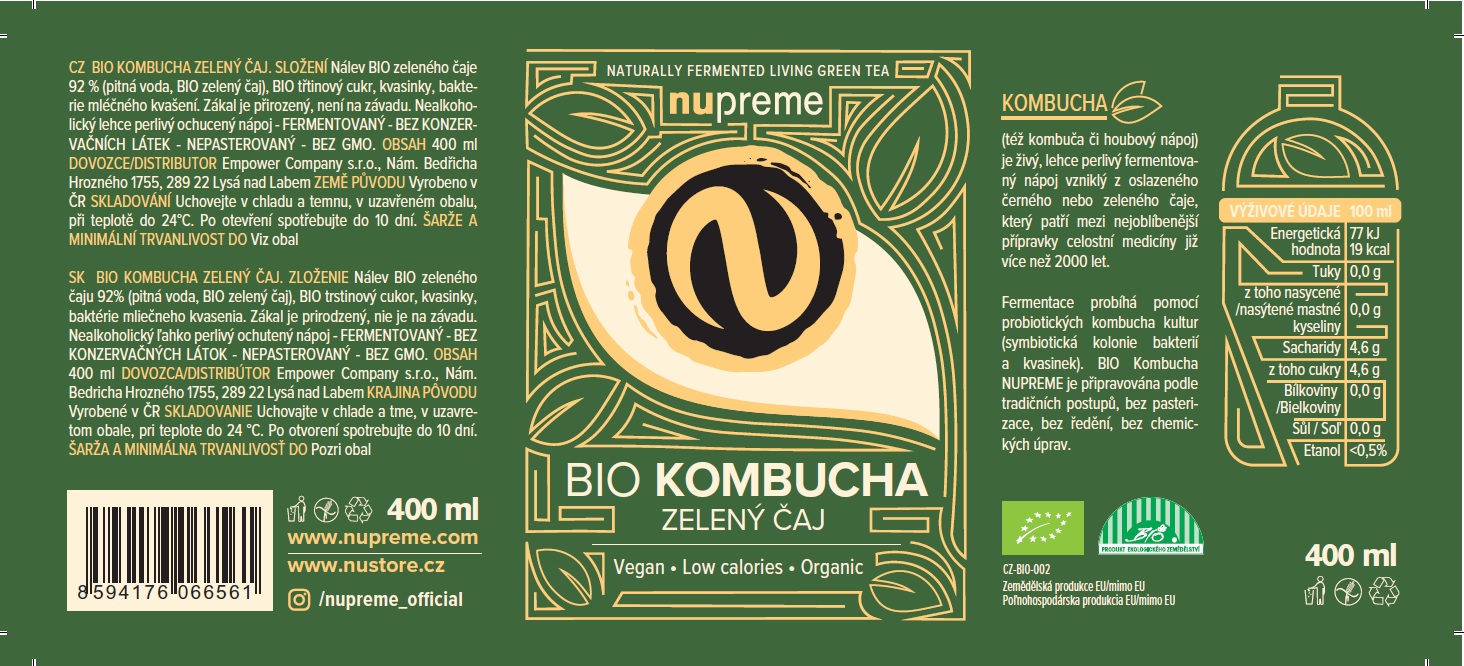 Kombucha Zelený čaj 400 ml BIO NUPREME Obrázek