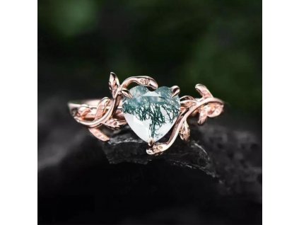 Stříbrný prsten zelený přírodní kámen MECHOVÝ ACHÁT růžově pozlacený ze stříbrnictví OLIVIE.cz