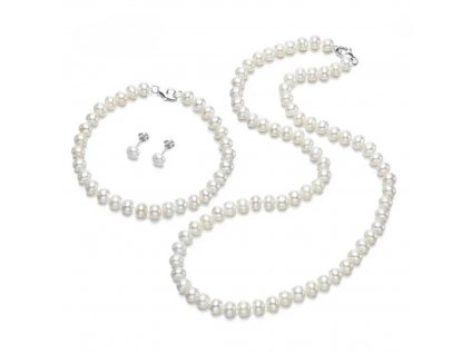 Klasická sada šperků z nejkvalitnějších pravých kultivovaných sladkovodních perel BUTTON AAA se skládá z náhrdelníku, náušnic a 18cm náramku. Stříbrnictví OLIVIE.
