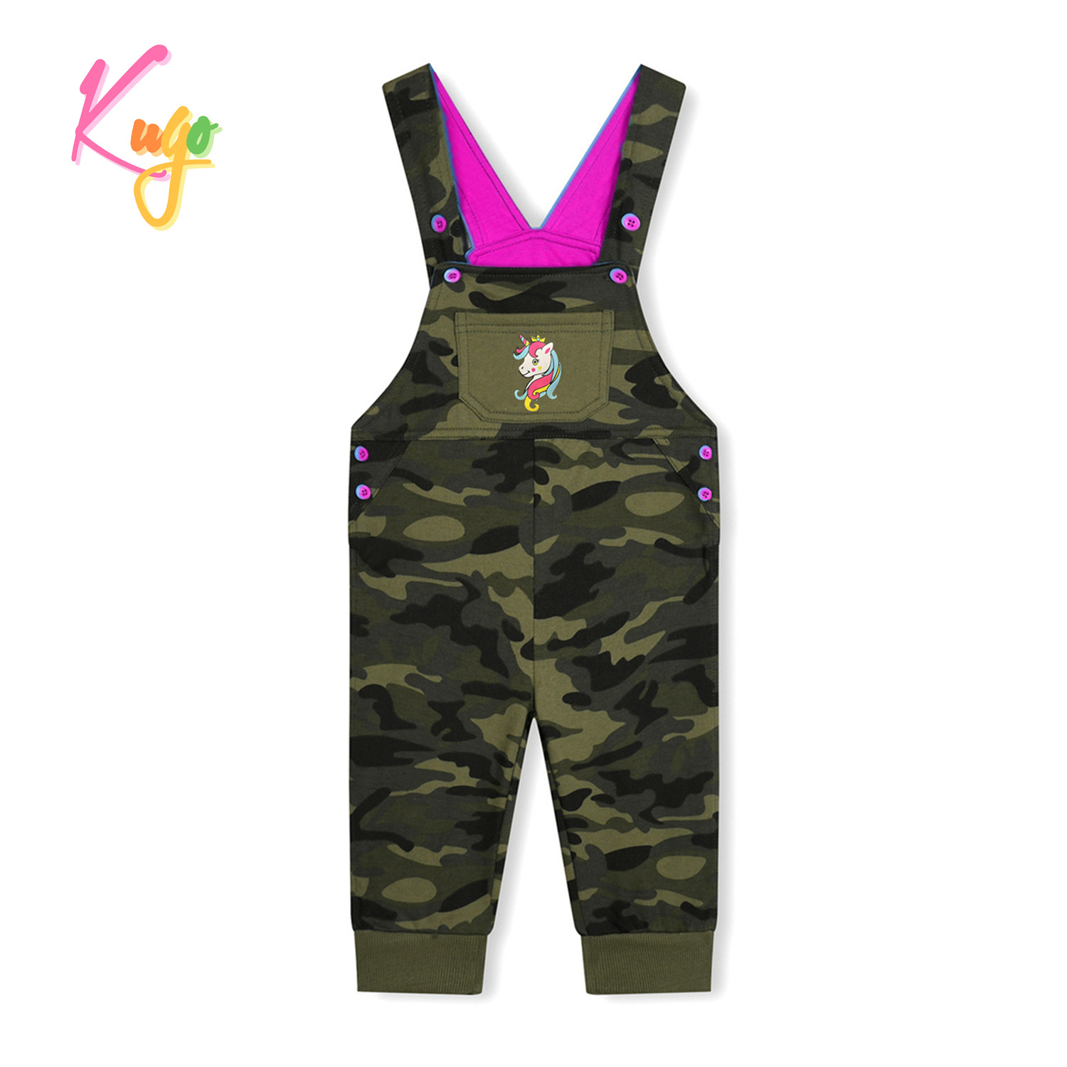 Dětské laclové tepláky - KUGO ST7733, maskáč/ růžová aplikace Barva: Khaki, Velikost: 74