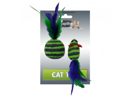 Myš a míček s peřím zeleno-fialová pruhy třpyt
