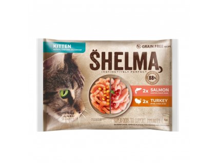 SHELMA Cat Kitten losos a krůta, kapsa 85 g (4 pack)