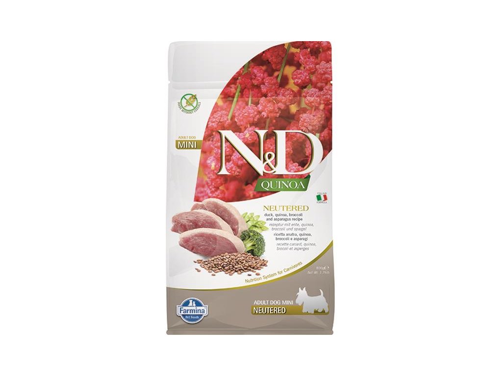 Farmina N&D dog QUINOA (GF) adult mini, neutered, duck, broccoli & asparagus 0,8 kg
