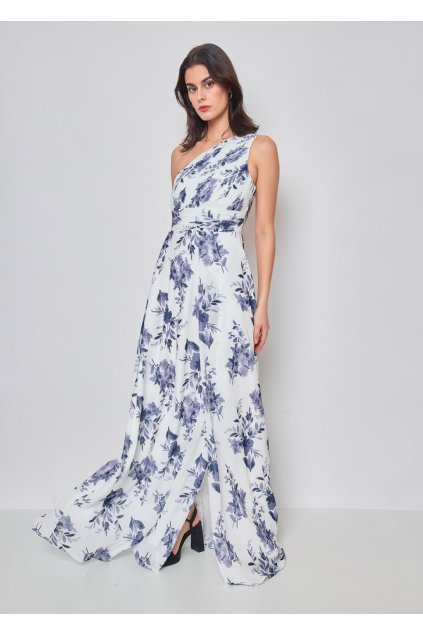 Družičkovské šaty STEPHANIE bílé s modrými květy