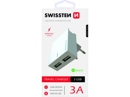 Swissten síťový adaptér smart ic 2x usb 3a power bílý