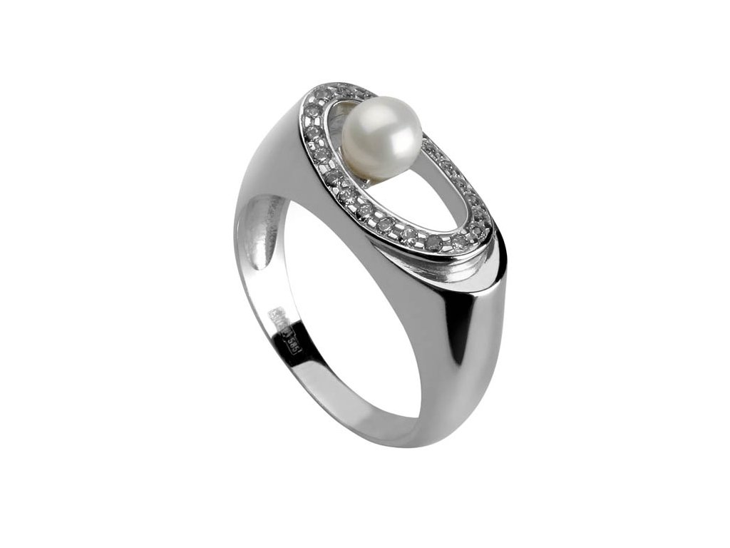 Stříbrný prsten se zirkony a perlou (Typ prstenu Dámský, Velikost (dámský) 50)