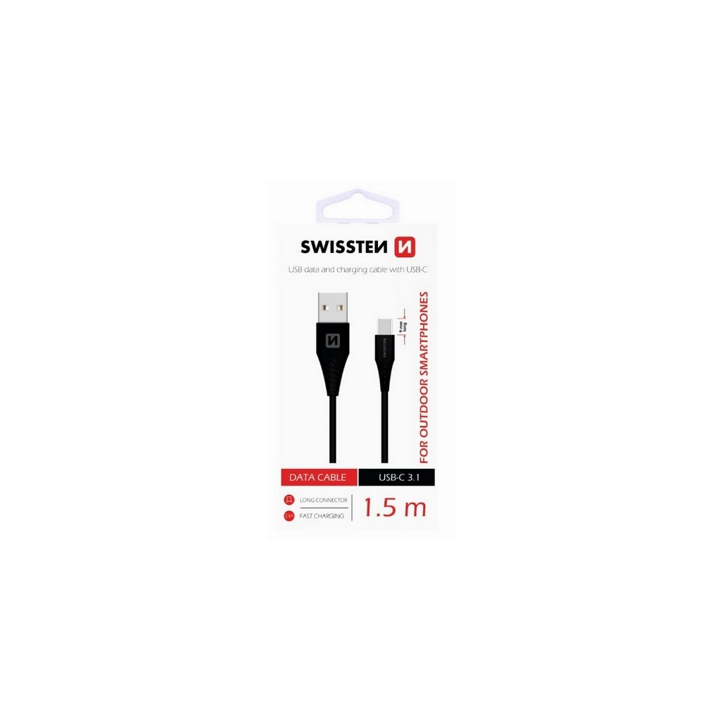 Dátový kábel Swissten pre outdoorové smartphony USB-C (Type-C) 1,5m čierny