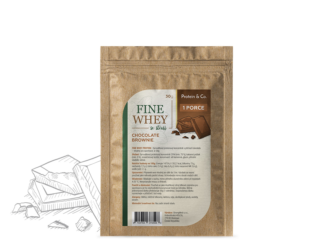 Protein & Co. FINE WHEY – přírodní protein slazený stévií – 30 g Zvol příchuť: Chocolate brownie Obrázek