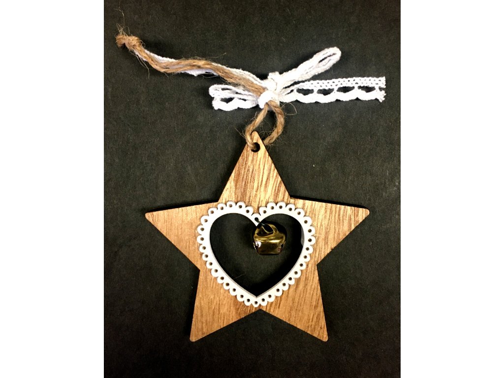 LK18A051, Dřevěná dekorace, hvězdička, srdce, rolnička, 9 cm, 1 ks