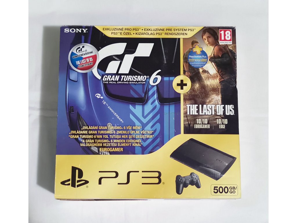 PlayStation 3 a originální krabice, 500GB, Gran Turismo 6 + The Last of Us edition + hry