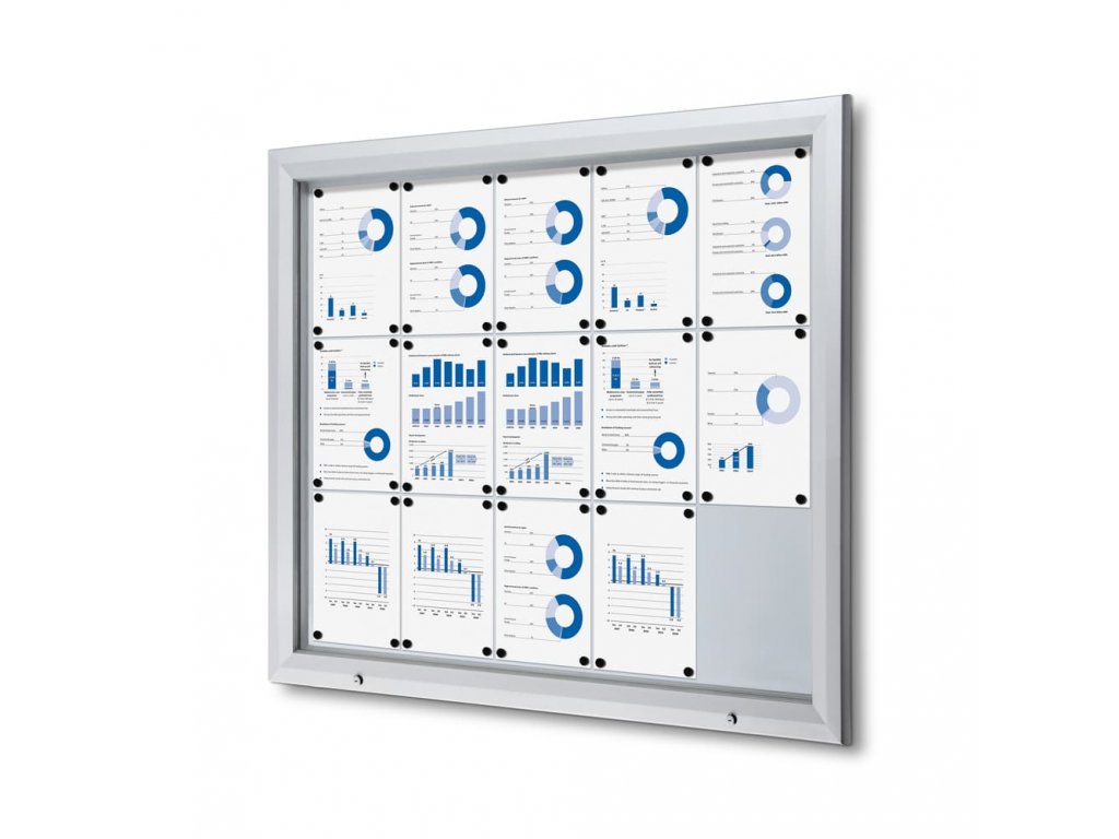 Venkovní uzamykatelná informační vitrína 15 x A4 - plechová záda, protipožární, typ T, hliník