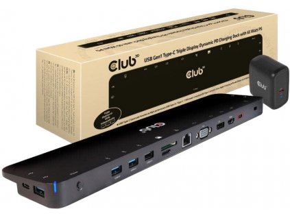 Club3D dokovací stanice USB-C 3.2 s napájecím adaptérem Triple Dynamic PD, 65 W