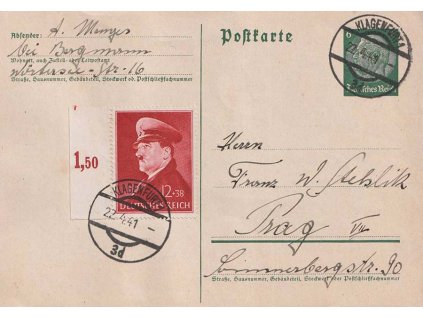 1941, DR Klagenfurt, dopisnice 6Pf Hindenburg zasl. do Prahy