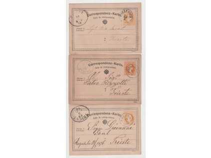 1874/76, 3 kusy dopisnic 2Kr žluťásek, italská mutace