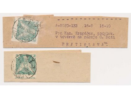 1919, 2 kusy novinových pásek vyfrankované známkou 2h