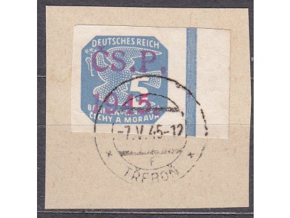 Výstřižek vyfr. zn. 5h novinovou s přetiskem ČSR 1945, razítko TŘEBOŇ, ilustrační foto