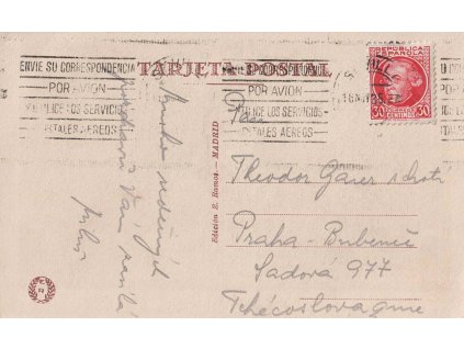 1935, DR Sevilla, pohlednice zaslaná do Prahy, dv růžek