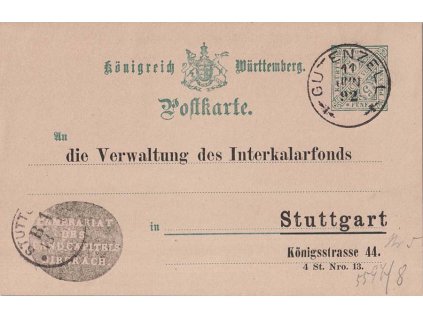 Württemberg, 1892, DR Gutenzell, dopisnice 5 Pf