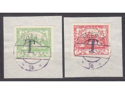 2 výstřižky vyfr. 5 a 10h Hradčany, obě s přetiskem T, razítko EGER 30.1.19, ilustrační foto
