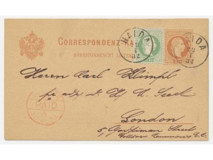 1882, dopisnice 2Kr Franc Josef dofr. zn. 3Kr Franc Josef