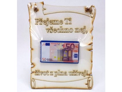 Dřevěný pergamen velký Euročokoláda - 50 Euro Přejeme Ti všechno nej
