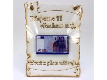 Dřevěný pergamen velký Euročokoláda - 20 Euro Přejeme Ti všechno nej