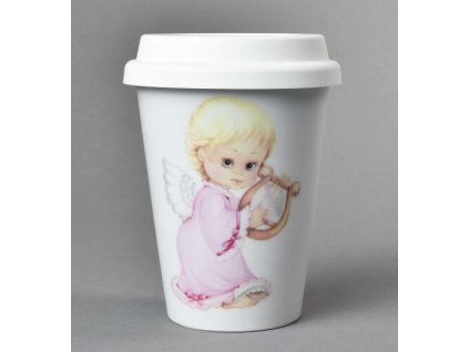 Porcelánový pohárek na kávu sebou Coffee to Go! andílek růžový - 400 ml