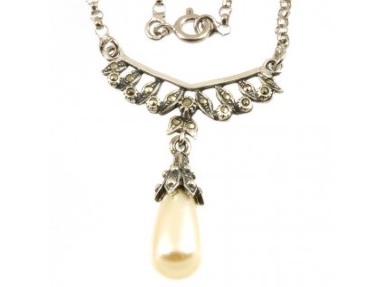 Stříbrný náhrdelník s markazity a perlou 268 portugal (Délka náhrdelníku 45 cm)